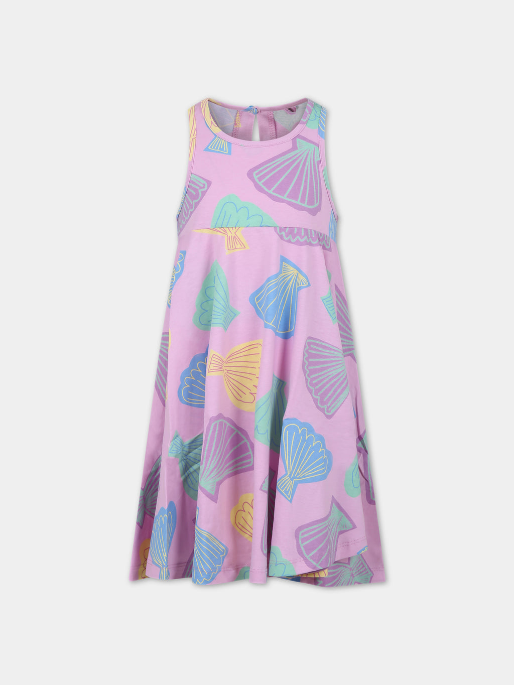 Pink dress for girl with all-over multicolor print